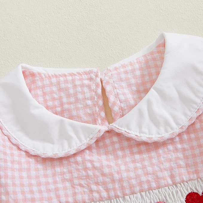 Amiblvowa Baby Girl Valentines Day Outfit Embroidery Love Heart Smocked Bubble Romper Bodysuit Cute Infant Newborn Clothes