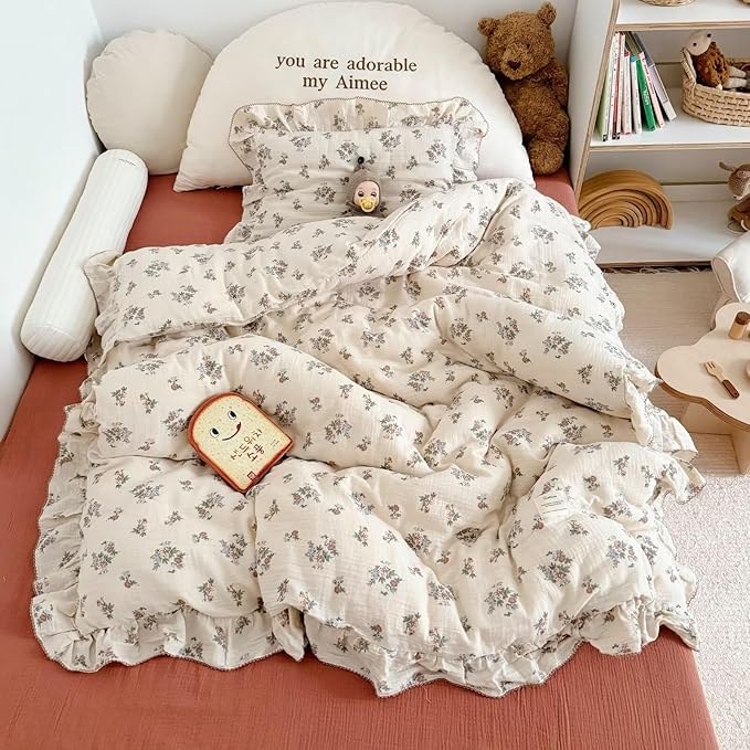 BuLuTu Muslin Floral Duvet Cover for Toddler Girls, Chic Shabby Aesthetic Kids Duvet Covers with Ruffles, All Seasons Gauze Cotton Toddler Bed Comforter Cover with Zipper, 47"x59", No Pillowcases