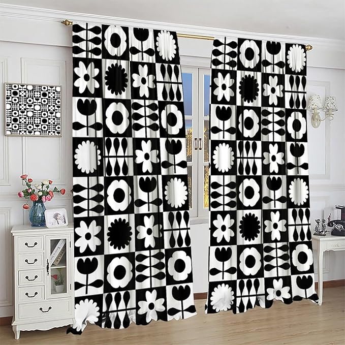 Mid Century Geometric Floral Curtains,Vintage 70s Window Treatments for Boys Girls Kids Bedroom Curtains,Boho Black and White Floral Curtains 84"" W X 84"" L, Style-10