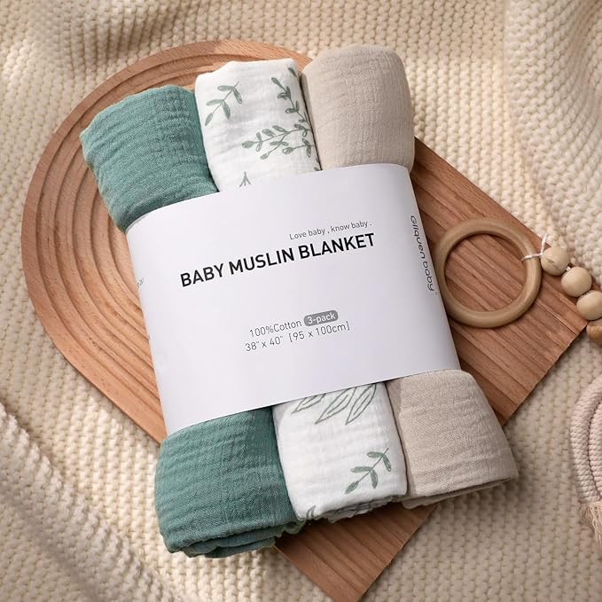 Muslin Swaddle Blankets for Newborn, 3 Pack Breathable Soft Receiving Blanket, Large 38 x 40 inches Swaddle Wrap Burping Clothes, Essentials Infant Shower Items, Toddler Gift (Bright Colors)