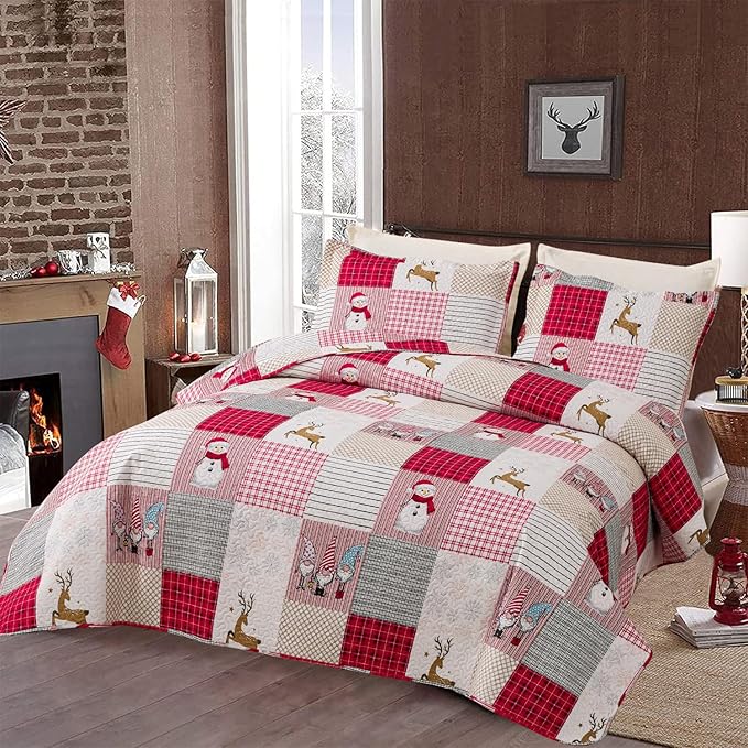 Jessy Home Christmas Bedding Set King Christmas Quilt Bedspread Pink Gnome Santa Claus Plaid Patchwork Xmas Quilt Bedding Decor Winter Snowman Elk Lightweight Reversible Bedspread Coverlet