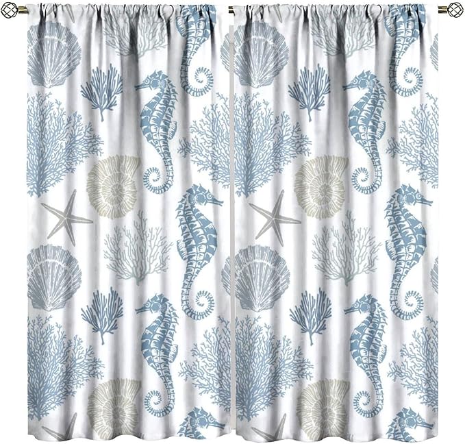 Seahorse Coral Curtains,Starfish Seashell Beach Sea Starfish Seashell Theme Pattern Blackout Print Home Bedroom Living Room Window Treatmen 2 Panel Set 72x63 Inch