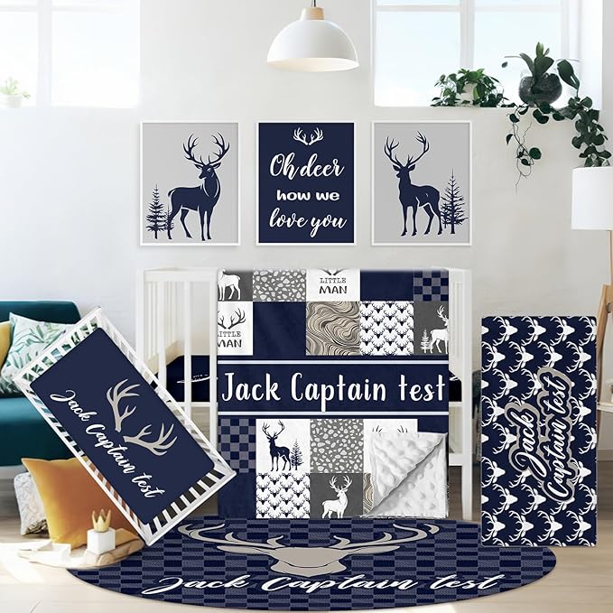 Custom Name Cirb Bedding Set - 5 Pcs Woodland Deer Baby Crib Set, Double Layer Blue Nursery Bedding Set for Baby Boys, Soft Flannel Baby Blanket, Toddler Infant New Parents Customized Gift