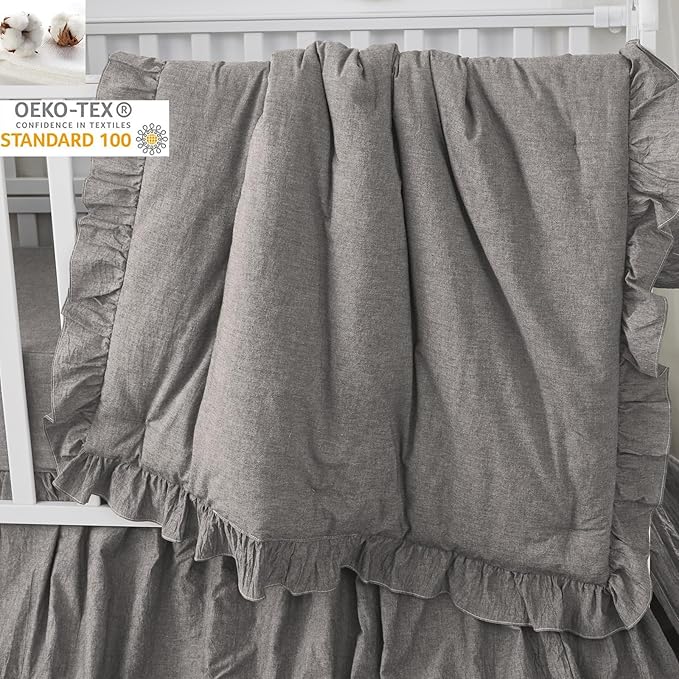 Brandream Ruffle Crib Bedding Set for Baby Boys 100% Cotton Gender Neutral Boho Bohemian Farmhouse Chic 6-Piece Nursery Bedding Set Grey