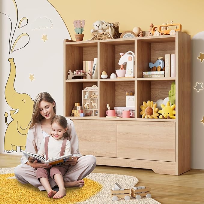 Kids Bookshelf and Toy Organizer, 2 Tier Kids Book Shelf for Kid Rooms with 2 Doors, 6 Cubes Storage Organizer,Wood Children Bookcase,Freestanding Toddler Book Display Shelf for Playroom