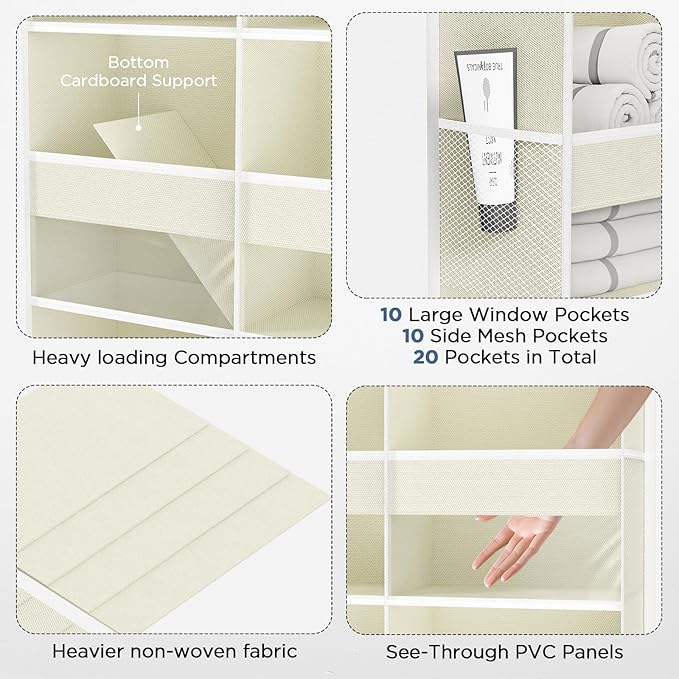 5-Tier Over The Door Organizer with 10 Side Mesh Pockets & Clear Windows, 80 lb Weight Capacity Hanging Storage for Bathroom, Bedroom, Nursery, Kitchen, Organizer Toys, Shoes, Diapers (Beige 2 Pack)