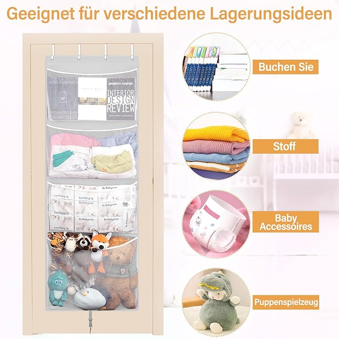 Hanging Stuffed Animal Storage, Over Door Large Plush Toy Organizer with Metal Hook, Baby Accessory Holder Idea for Nursery, Doll & Bear Mesh Hammock Bag for Girl Boy Kid Room