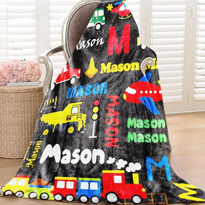 Custom Blanket with Name for Boys, Personalized Name Blanket City Transport, Soft Flannel Blankets Customized Gift for Children Day Birthday Christmas-40 x50