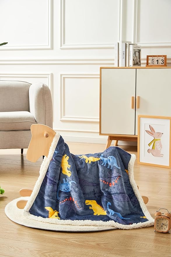 Flannel Baby Blanket Reversible Super Soft Blankets for Boys Girls Infant Newborn Sherpa Receiving Blankets for Crib Stroller Blue Dinosaur 30" x 40"