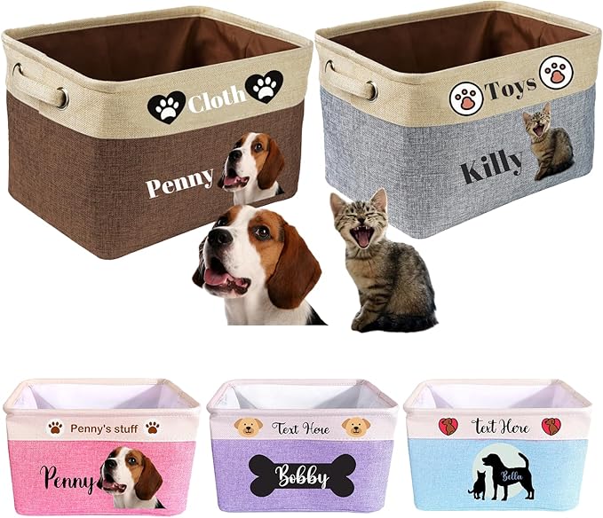 Personalized Cat Toy Basket Custom Cat Toy Box with Pet's Name Cat Storage Organizer Collapsible Cute Basket with Handles, Medium