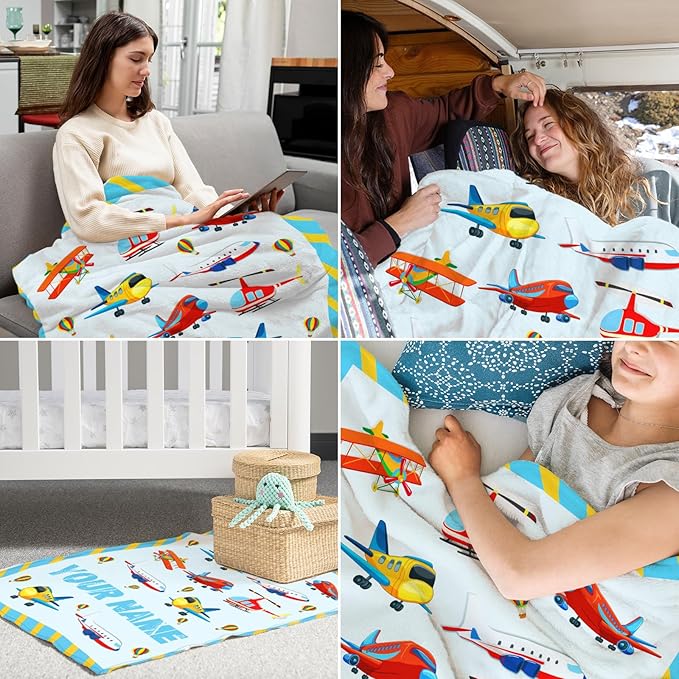 Personalized Cute Airplane Throws for Kids - 40" x 50" Inches Soft Cozy Throw Blanket Gift for Boys, Teens - Flannel Blankets for Crib, Couch, Sofa