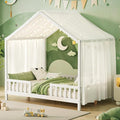 Montessori Floor Bed with Canopy, High Railings and Roof, Full Size Wood House Bed Frame for Kids Bedroom (White/C)