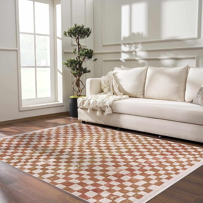 Hauteloom Pertek Modern Checkered Area Rug - Modern Geometric Carpet for Living Room, Kids Room, Nursery - Bohemian Boho Carpet - Cream, Beige, Light Red, Somon - 7'10" x 10'