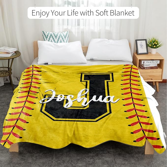 Personalized Softball Kids Blanket with Name and Number - Custom Sport Bed Blankets Gift for 0-3 Months Baby Essential and Warm 50x60inch