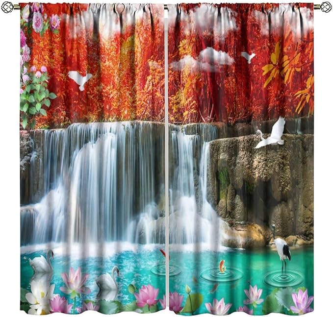 Nature Blackout Curtains, Waterfall Landscape Forest River Crane Fish Floral Pattern Rod Pocket Window Drapes, for Bedroom Living Room 63" W X 72" L