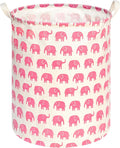 KUNRO Round Laundry Gift Basket Storage Hamper, Kids Toys and Clothes Storage Organizer Bins, Toy Shelf Basket with Handles for Room Decor (Pink Elephant)