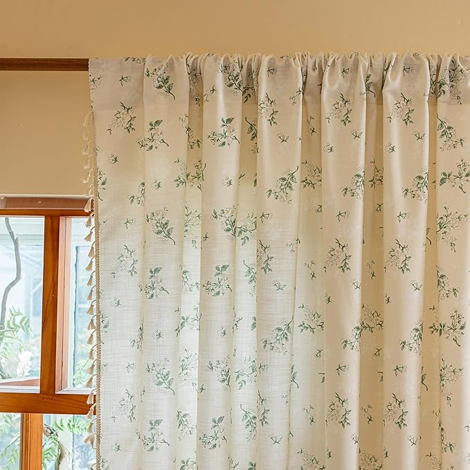 ENJOYBRIDAL White Floral 84 Inch Curtains 2 Panel Set Bedroom Tassel Drapes Boho Decor Semi Sheer Living Room Window Curtain Panels Rod Pocket Patterned Cute Rustic Window Treatments