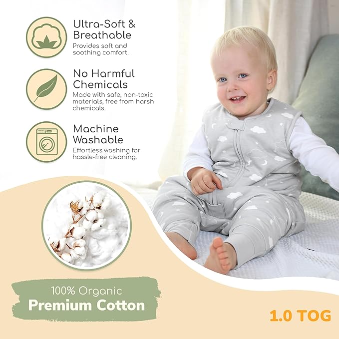 Mama Cheetah Toddler Sleep Sack with Feet 3T-4T, 1.0 TOG Organic Cotton Baby Wearable Blankets with Legs, Baby Sleeping Bag for Walkers, Early Walker Large