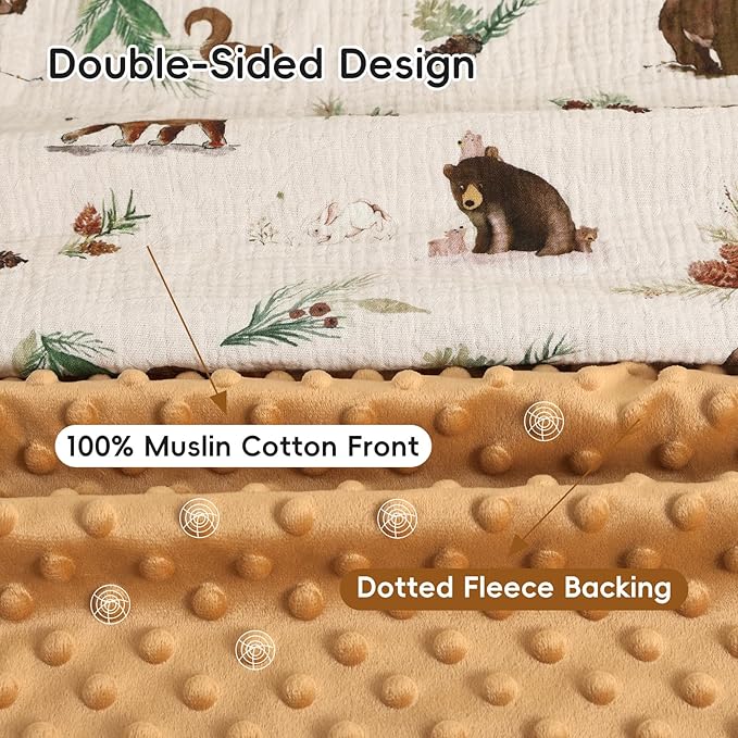david's kids Muslin Minky Baby Blanket for Boys with Muslin Cotton Front and Dotted Fleece Backing, Breathable and Soft Lightweight Receiving Blanket for Newborns, 40x50 Inches, Woodland Animals