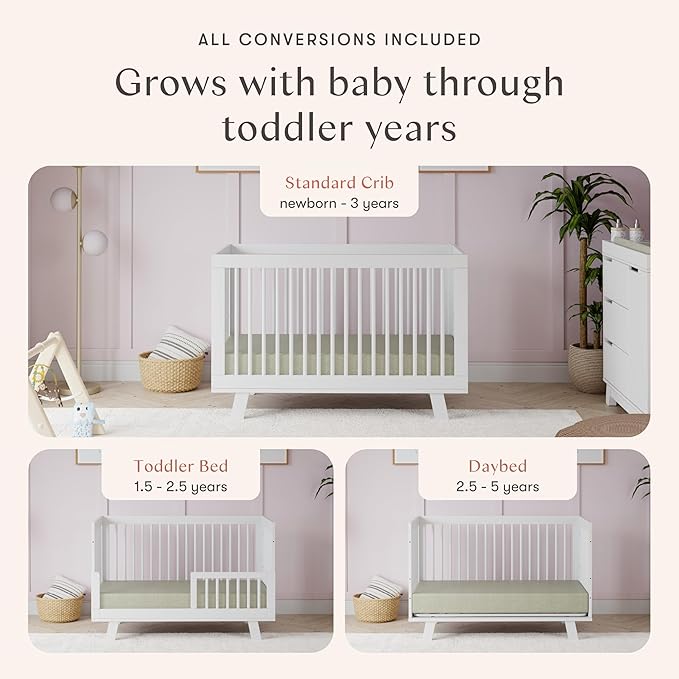 Babyletto Hudson 3-in-1 Convertible Baby Crib with Toddler Bed & Daybed Conversion - Easy to Assemble - GREENGUARD Gold Certified w/ 4 Adjustable Mattress Heights - White