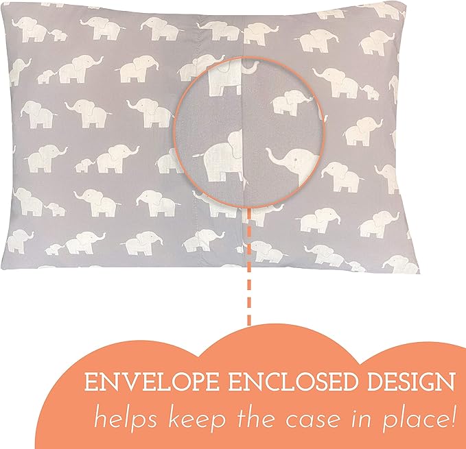 Little Sleepy Head Youth Pillow with Pillowcase 16x22, Soft Jumbo Toddler Pillow & Hypoallergenic Pillowcase - Best Kids Pillows for Sleeping, Perfect Kids Travel Pillow (Elephants Gray)