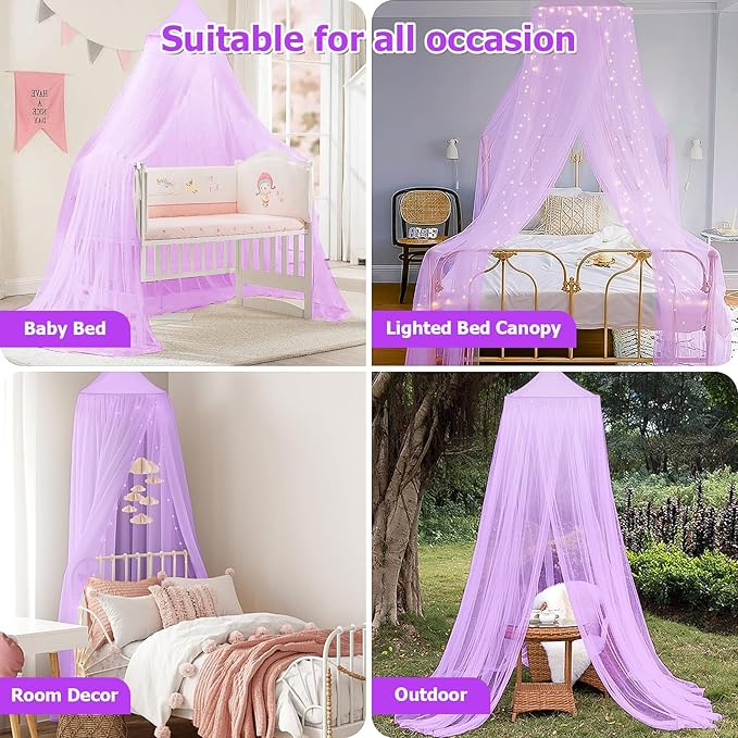 Bed Canopy with Lights, Bed Canopy for Girls Princess with Luminous Stars, Canopy Bed Curtains for Twin to King Size Bed, Baby Kids Adult Indoor Decor Bedroom Reading Nook Outdoor Camping,Purple