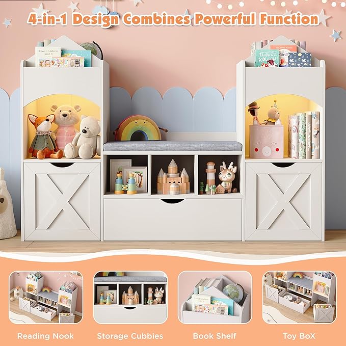 Vabches 54.3’’ Kids Bookshelf with Reading Nook, Toy Storage Organizer with Seat Cushion, LED Lights and 3 Movable Drawers, Castle-Shaped Bookcase with Bench for Playroom, Nursery, Bedroom (White)