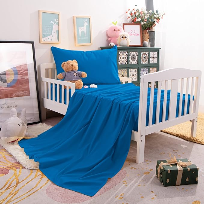NTBAY Toddler Sheet Set - 3-Piece Microfiber Crib Sheet Set - Flat Sheet, Fitted Sheet, Pillowcase - Solid Toddler Bedding, Royal Blue