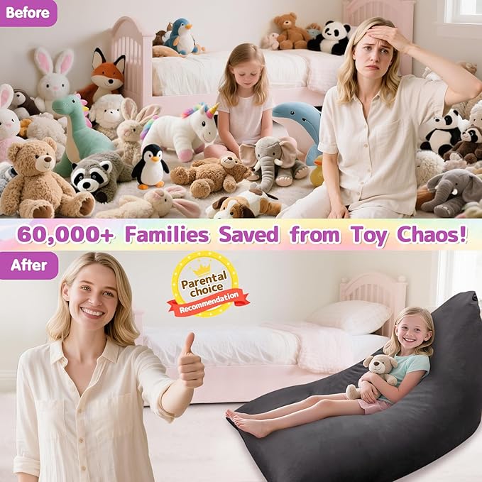 Stuffed Animal Storage Bean Bag Chair for Kids and Adults, Stuffed Animal Bean Bag Storage, Luxury Velvet Stuffie Seat - COVER ONLY(Dark Grey 200 L/52 Gal)