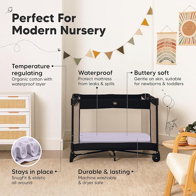2-Pack Pack and Play Sheets, Waterproof Mini Crib Sheets Fitted - Organic Cotton Pack N Play Sheets for Graco Pack and Play Mattress, Playard Baby Crib Sheets, Neutral for Boy,Girl, Toddler (Lilac)