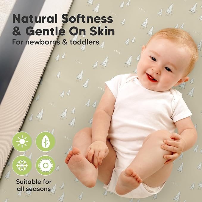 2-Pack Pack and Play Sheets, Waterproof Mini Crib Sheets Fitted - Organic Cotton Pack N Play Sheets for Graco Pack and Play Mattress, Playard Baby Crib Sheets, Neutral for Boy,Girl,Toddler(Pine Grove)