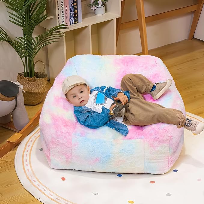 Bean Bag Chairs for Kids, 27" Modern Rainbow Colors Beanbag Sofa with Sponge Filling & Comfy Soft Faux Fur, Kids Teens Bean Bags Chair Sofa for Bedroom, Living Room (Colorful)