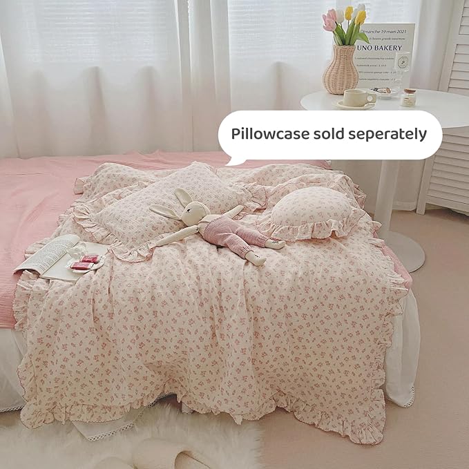 BuLuTu Pink Floral Duvet Cover Full Bedding Duvet Covers for Girls Kids Teens Soft Breathable Cotton Comforter Cover 79"x90" Shabby Chic Ruffles Quilt Cover, No Duvet/Comforter