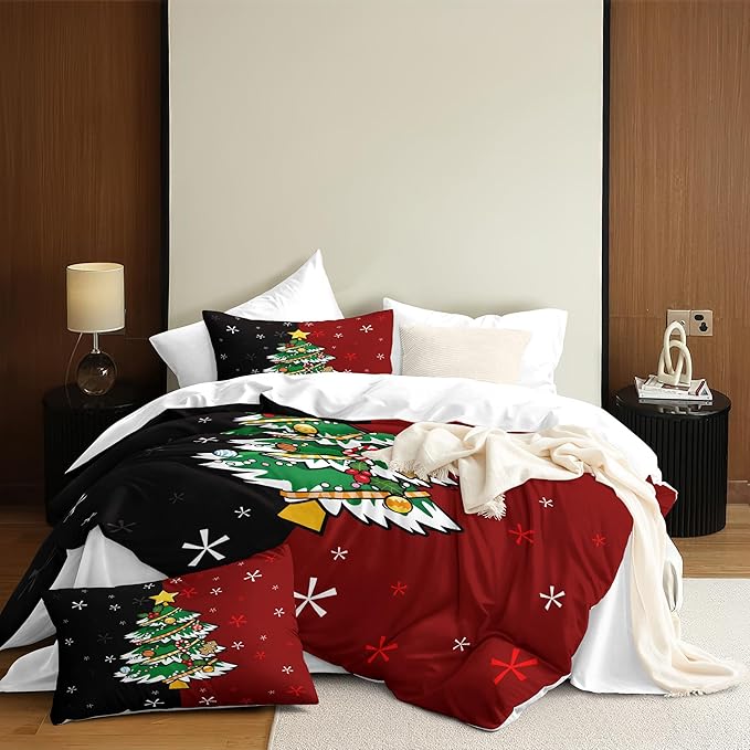 Christmas Duvet Cover Twin Size Black Red Christmas Tree Bedding Set 2 Pieces Kids Boys Girls Xmas Couple Holiday Comforter Cover with Zipper Closure and 1 Pillowcase (No Comforter)