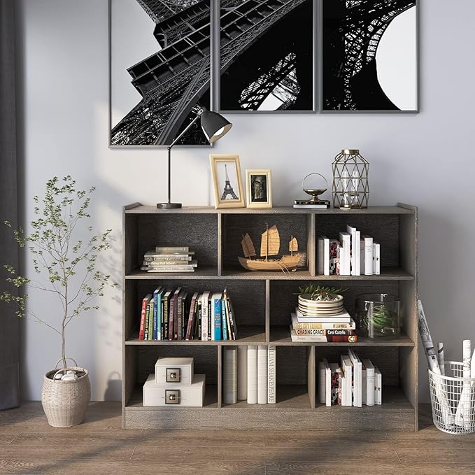 Tangkula 8-Cube Bookcase, Wood 3 Tier Open Storage Bookshelf, Modern Multipurpose Display Cabinet for Living Room, Study, Reading Nook, 48 x 12.5 x 36.5 Inch, Grey