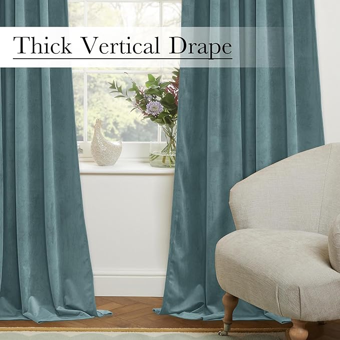 StangH Dark Slate Velvet Curtains Room Darkening Thermal Insulated Drapes for Bedroom Living Room Home Theater, Soft Window Treatment, Back Tab 52x96 inches, 2 Panels