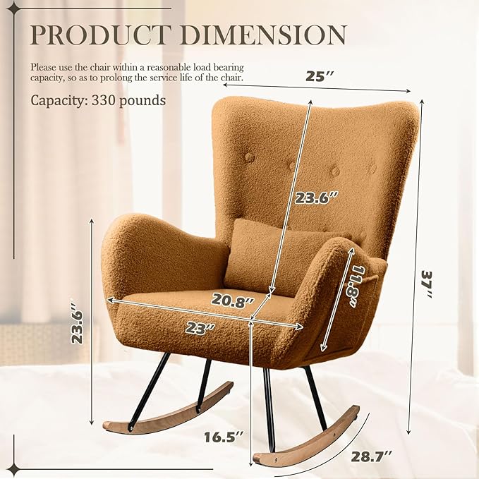 Waleaf Rocking Chair Nursery, Teddy Upholstered Rocking Chair Indoor with High Backrest Glider Accent Chair, Padded Seat Nursing Comfy Chairs for Bedroom (Brown)