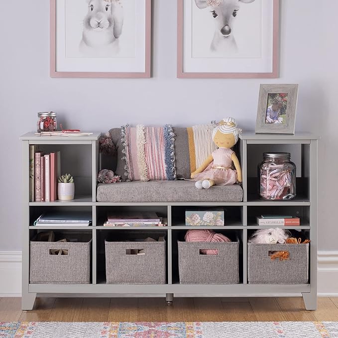 Martha Stewart Kids' Reading Nook - Gray: Wooden Storage Bench Bookcase Organizer with Seat Cushion, Book Shelves, and Fabric Bins for Bedroom or Playroom