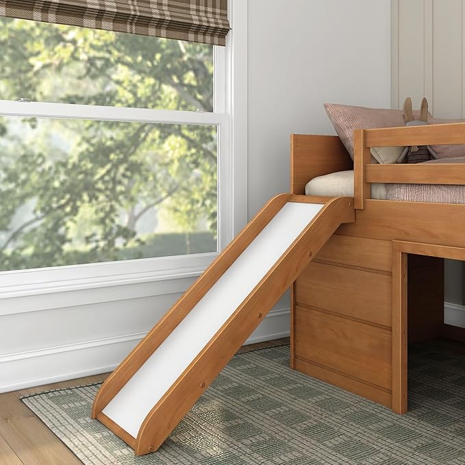 Max & Lily Loft Bed Twin Size, Solid Wood Low Loft Bed with Slide and Ladder, Modern Farmhouse Loft Bed for Kids, Farmhouse Pecan