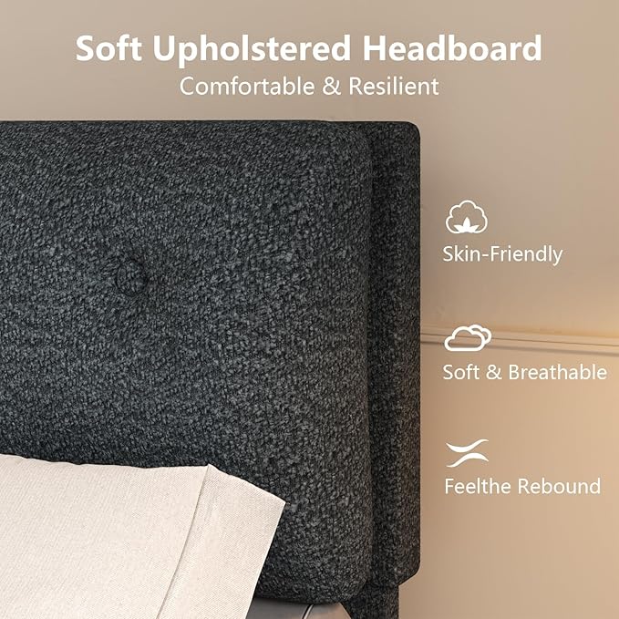Full Size Bed Frame with Headboard, Cloud Boucle Upholstered Bed Frame, Modern Soft Style, Adjustable Headboard, No Box Spring Needed, Easy Assembly, Dark Grey
