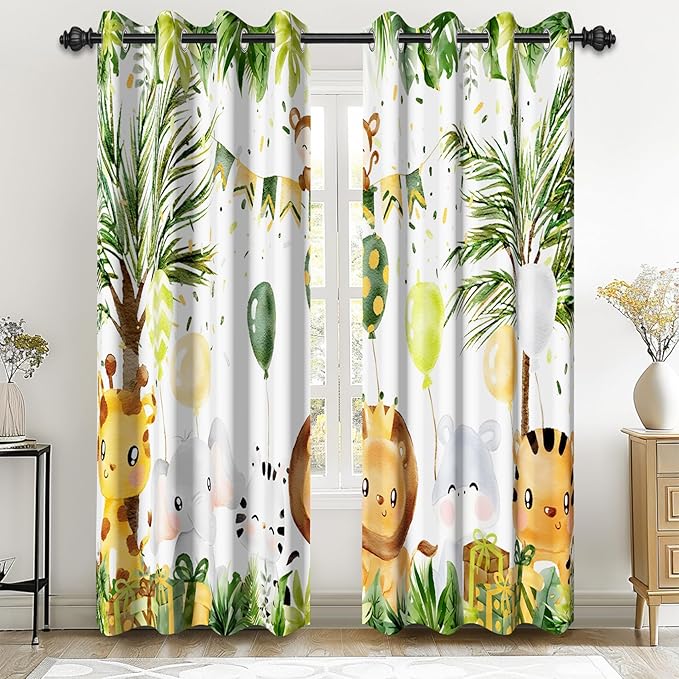Renaiss 42 x 84 Inch Rainforest Safari Animal Curtains African Jungle Tropical Lions Tigers Elephants Giraffes Palm Trees Pattern Polyester Fabric Grommet Window Drapes for Nursery Bedroom 2 Panels