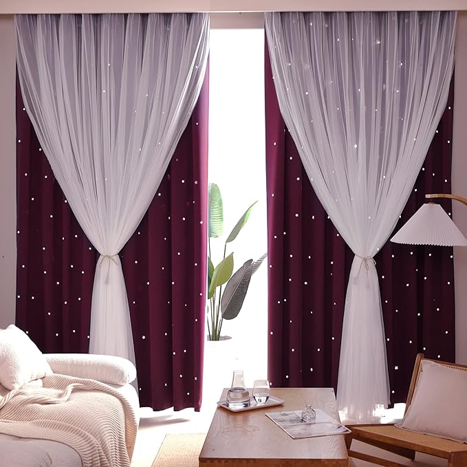 Kinryb Kids Blackout Curtains for Bedroom/Living Room/Classroom, Sheer Overlay 2 Free Tiebacks, Double Layer Curtains with Star Cutout for Kids Room(Each Piece W 70 x L 95 Inches 2 Pcs Red)