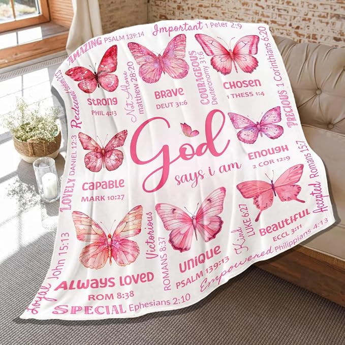 Butterfly Bible Verse Blanket, Inspirational Scripture Religious Gifts for Christian, Warm Soft Flannel Bible Throw for Bed Sofa Decoration 50"x60" for Teen
