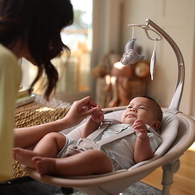 Maxi-Cosi Cassia Smart Baby Swing for Infants, Portable Foldable Swing with Music, 360 Rotation, 5 Speeds, 12 Melodies, EcoCare Fabric, Auto Motion Sensor, 2 Reclines, Classic Slate