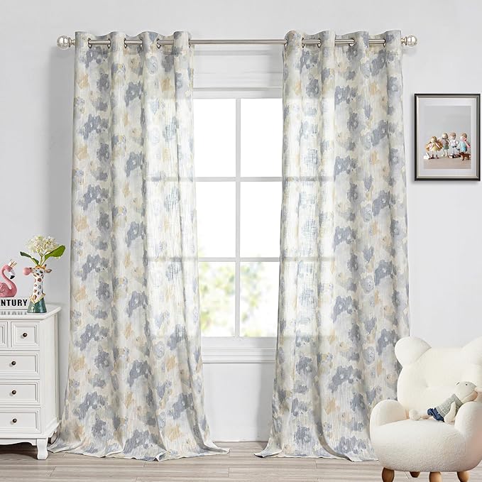 MYSKY HOME Floral Curtains 95 Inch Long for Living Room, Yellow Curtains for Girls Bedroom, Large Sliding Door Light Filtering Grommet Semi Sheer Natural Drapes Colorful Design W52, 2 Panels