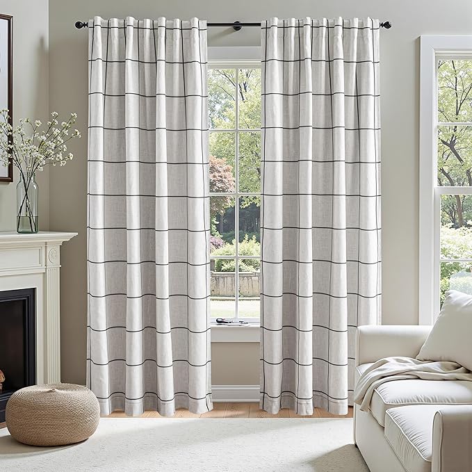 MYSKY HOME 100% Blackout Plaid Farmhouse Linen Curtains 108 Inch Long for Living Room Double Layer Windowpane Drapes Thermal Insulated Privacy Protection Rod Pocket Back Tab, 2 Panels, 52" W, Black