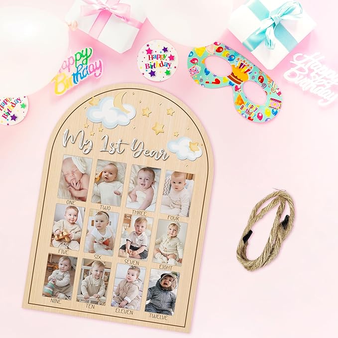 My First Year Photo Board, Star Baby's First Year Photo Frame 12 Monthly Milestone Picture Frame, Gift for Newborn Baby 1st Birthday Memories Nursery Decoration -02