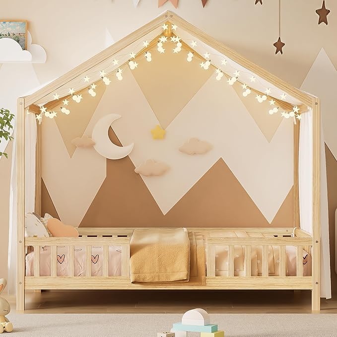 Bellemave Twin House BedFrame with Canopy, Montessori Floor Bed, House Bed with Rails for Kids, Natural