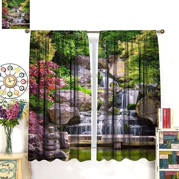 View Waterfall Blackout Curtains, Forest Waterfall Retro Style Natural Scenery Garden Art Landscape Rod Pocket Window Drapes, for Living Room Bedroom 63" W X 63" L