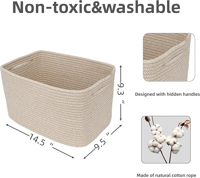 Rope storage Basket Bins Woven Basket for Organizing Shelves 14.5X9.5X9.3" Rectangle Decorative Baskets For storage Clothes Toys Books Towels Nursery basket organizer 3 pack Oatmeal